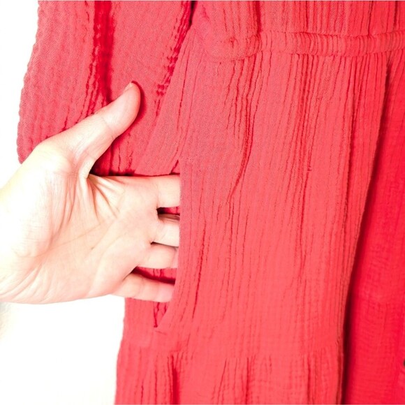 Marine Layer Willow Tiered Button-Up Midi Dress in Red - Picture 9 of 16